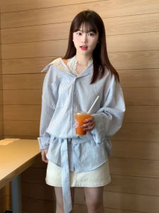 QINWEIYU | Áo Sơ Mi Dài Tay Trắng Xanh Đọc Dây Lỏng Lẻo Phong Cách Hàn Quốc Mới Thu