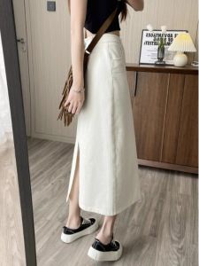 White High Waist A-Line Denim Skirt Womens Spring Autumn Mid-Length Wrap Long Skirts Step Skirt Half Skirt Korean Style Commute