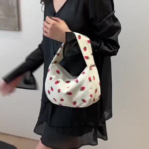 Women Small Corduroy Handbag Cute Strawberry Print Little Tote Bag Half Moon Design Eco Cloth PurseShoulder Bags