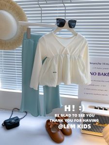 Stylish Childrens Clothing Spring Summer New Sweet Splice Solid Color Long Sleeve Top Elastic Flared Pants Two Piece Set