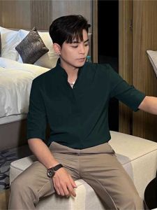Summer Mens Short Sleeve Shirt Slim Fit Trendy Stand Collar Five-Quarter Sleeve Mens Fashion Top Youth Popular Daily Wear