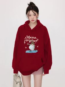 คู่รักสีแดง เสื้อฮู้ด เสื้อสเว็ตเชิ้ต หนาขึ้น ผ้าขนแกะ คอกลม ฤดูหนาว สไตล์ใหม่ ออร์แกนิค ผ้าฝ้าย ผู้ชายผู้หญิงจับคู่วันคริสต์มาสปีใหม่ เสื้อท่อนบน