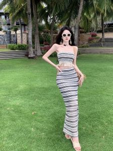 High Waist Striped Bodycon Dress Two-Piece Set Sleeveless Vacation Style Chest Wrap Polyester Material for Women 18-29 Years Old