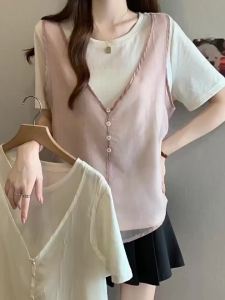 AIYITI | Pink Gilet Stitched Faux Two-piece Short Sleeve T-shirt