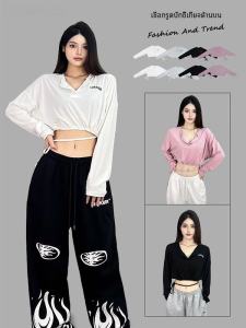 Street Style Jazz Long Sleeve Womens Loose Fit Cotton T-Shirt Drawstring Casual Sportswear V-Neck Short Length Sweatshirt