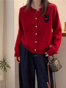 ปีใหม่หมีแดงแรคคูนกํามะหยี่ถักเปิด คาร์ดิเกน เสื้อสเวตเตอร์ ผู้หญิง นุ่ม ขนสัตว์ สถานียุโรป ฤดูใบไม้ร่วง ฤดูหนาว เสื้อผ้าถัก