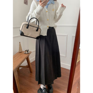 กระโปรงยาวทรงเอเอวสูงสีเทาเข้ม กระโปรงทรงแอลอัมพิเรียลสำหรับผู้หญิงในฤดูใบไม้ผลิและฤดูใบไม้ร่วง สไตล์โรงเรียน สไตล์เกาหลี กระโปรงทรงเอ
