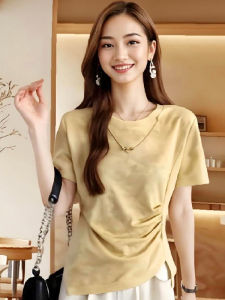 AIYITI | Áo thun nữ tay ngắn màu vàng thắt lưng mùa hè mới không đều gấp áo che bụng vai áo thường xuyên thấm hút mồ hôi