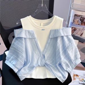 Girls Summer Shirt Short Sleeve Fashionable Korean Style Childrens Clothing Cotton Material round Neck Basic Packaging Striped Pattern