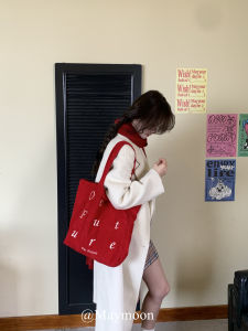 Maymoon Homemade Christmas Red Corduroy Large Capacity Canvas Bag Retro Red Double-Sided Gingham Tote Bag