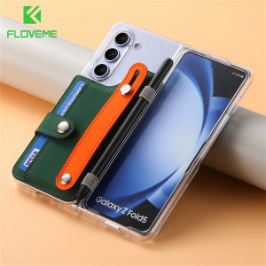 FLOVEME Luxury Cards Holder Wallet Transparent Folding Phone Case For Samsung Galaxy Z Fold 5 5G With Pen Slot Protection Wristband Stand Clear Hard PC Anti-fall Shockproof Back Cover For Galaxy Z Fold 5 [No Pen]