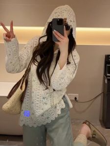 BINKAFENNY | Heavy Embroidery Long Sleeve Hollow Out Hooded Lace Shirt Womens Loose Unique Design Early Autumn Beautiful Long Sleeve Top