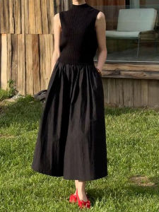 Shalldoer | French Hepburn Style Two-Piece Set Womens Summer Slim Fit Sleeveless High Neck Midi Skirt Casual Breathable Mid-Thick Polyester