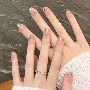 Leopard Cats Eye Hand-Worn Nail 2024 New Year Rhinestone French Fall and Winter Manicure Short Nude Nail Patch
