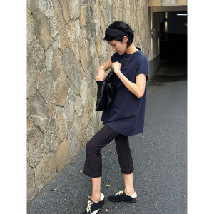 Blue Oversize Short Sleeve Womens T-shirt Casual Mid-Length Loose Fit Summer New Style Langqing Tong Pure Color Cotton Tee