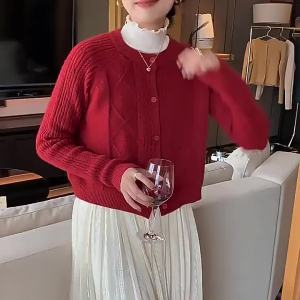 ali[ Kiểu Hồi Sinh   Màu Sắc Tuyệt Đẹp ] Áo Cardigan Dệt Kim Len Ngắn Đi Làm Phong Cách Hàn Quốc Cổ Điển Áo Len Xoắn Mùa Thu Cho Nữ W723H