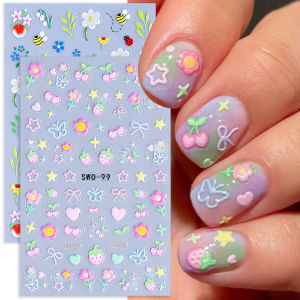 2pcs Summer Sweet Nail Stickers 3D Cute Flowers Heart Cherry Bow Strawberry Colorful Nail Decals Sliders DIY Manicure Decoration