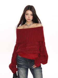 Slimming Red One-Shoulder High-Neck Knit Sweater