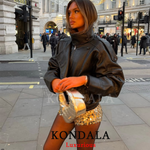 KONDALA Casual Chic Black Leather Jackets Women Long Sleeve Buttons Elastic Oversized Coats Fashion 2026 Fall Streetwear Coats
