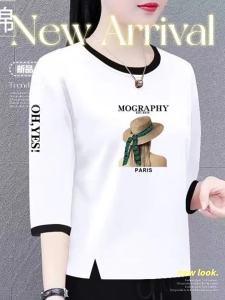 QIAOXIZI | Cotton T-shirt 3/4 Sleeve Loose Fit Belly Covering Fashionable Womens Clothing