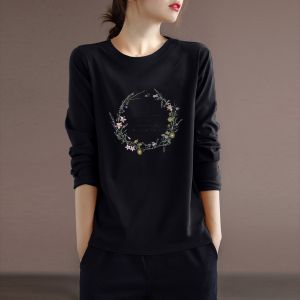 Áo Thun Cotton Dài Tay in Họa Tiết Mùa Xuân Thu Rộng Rãi Giảm Tuổi Tác Thon Gọn Che Phủ Thịt Áo Lót Mỏng Thường Ngày