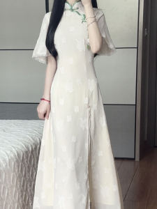 Premium Matcha Taro Young Style Reformed Qipao Dress Elegant Long Cheongsam Gown Short Sleeve Polyester Fiber Daily Wear