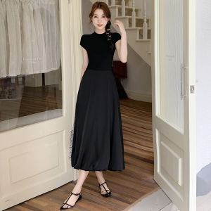 ชุดเดรสคอตั้งสีดำ ทรงเอ ผ้าซาติน ความยาวปานกลาง แขนสั้น ทรงเอ สำหรับผู้หญิง ชุดเดรสฤดูร้อน 2024 ชุดเดรสผ้าซาติน