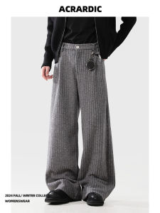 Mens Casual Pants ACRARDIC Minimalist Stripe Drapey Woolen Trousers Thick Warm Fleece Lined American Lazy Style Autumn Winter