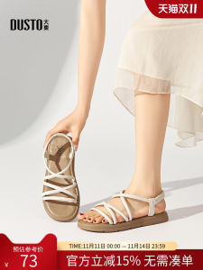 Fashionable Cute Flat Heel round Toe Elastic Strap Sandals Womens Shoes DUSTO Summer 2024 Sweet Style PU Material Rubber Sole