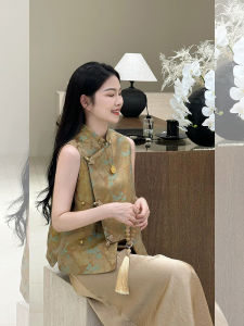 New Chinese Style National Trend Set Summer High Waist Illusion Coffee Color Vest Acetate Two Piece Set Dress Fashionable Womens Clothing