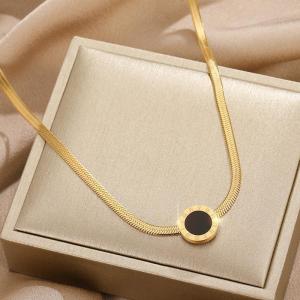 BESFOME 18K Gold Plated Stainless Steel Tarnish Free Necklace For Women Snake Chain Black Shell Inlay Roman Number Letter Round Four Leaf Clover Pendant Snake Bone Chain Necklace