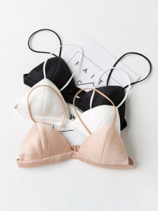 Breathable French Style Silk Satin Bralette Top for Young Women with Ultra-Thin Cup Polyester Fiber Triangle Cup Design with Removable Chest Pad