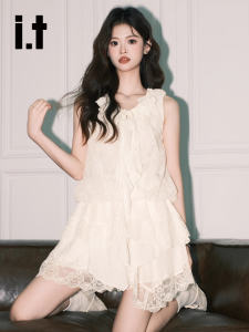 French Style Lace Sleeveless Short Skirt Set Womens Summer Fashion Soft Color Block round Neck Two-Piece Suit for Adults