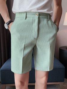 Waffle Ice Silk Suit Shorts Men Summer Thin 5 Points Casual Suit Pants Silm Spring Half Length Short Pants