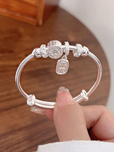 999 Pure Silver Bracelet for Children Girls New Chinese Style Large Size Kids Gift Peace Joy Lucky Pearl Silver Arm Ring