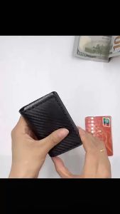 Men Trifold RFID Blocking Wallet with Carbon Fiber Credit Card Holder PU Leather Automatic Pop-up Card Holder Dompet Lelaki