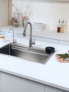 【single slot becomes a double slot】4.0MM 304 silver waterfall Sink lababo stainless complete set sink stainless for kitchen Single slot Suitable for large kitchens Vegetable sink integrated basin vegetable Sterilization sink with faucet set