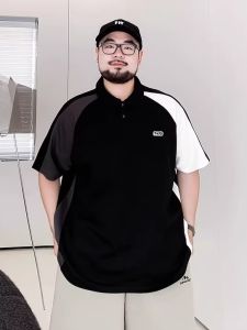 Trendy plus Size Mens Polo Shirt Casual Loose Fit Patchwork Design Short Sleeve Turn-down Collar Comfortable Summer Wear