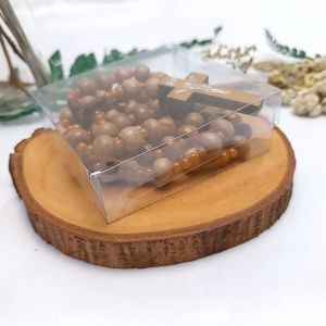 Kalung Rosario Katolik Bahan Kayu Kopi Warna Coklat Muda Salib Kayu Harces Lilit Dengan Box Mika