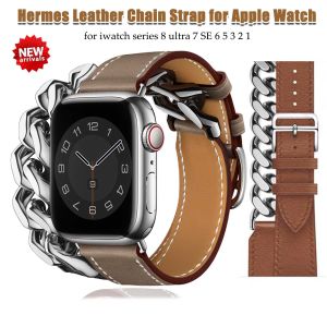 Metal Chain Link Strap For Apple Watch Ultra Ultra2 9 8 7 6 Leather Double Tour Band i Watch 49mm 44mm 45mm 42mm 41mm 38mm 40mm Bracelet