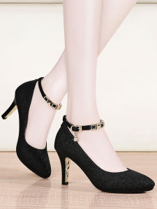 สีดำ รองเท้าส้นสูง ผู้หญิง 2024 ใหม่ ฤดูใบไม้ผลิ ฤดูใบไม้ร่วง แคบ สายคล้อง ฤดูร้อน ชุดกี่เพ้า รองเท้าเดี่ยว Match กระโปรง ทันสมัย Glitter หนัง