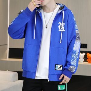 ROMON | Romon Mens Zipper Hoodie Cardigan Spring Autumn New Style Youth Fashion Print Casual Sporty Loose Fit Antibacterial Polyester Fiber