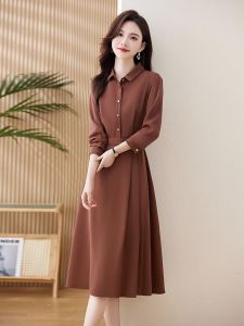 Elegant Long Sleeve Shirt Collar Dress Womens Spring Autumn High Waist Slim Fit A-Line Skirt Korean Style Commute Fashion