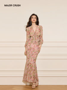 French Floral Style Long Sleeve Top and Fishtail Skirt Two Piece Dress