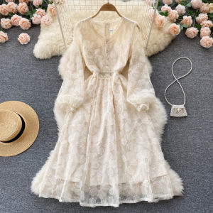 Elegant V-Neck Lace Dress Slimming A-Line Skirt Long Sleeve High Waist Commute Style Womens Fashion Spring Collection