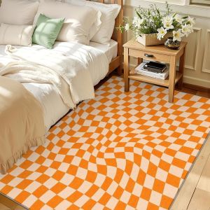 Daily Bedroom Orange Checkerboard Pattern Large Area Rug Everyday Sofa Bedside Floor Mat Living Room Home Decor Door Mat
