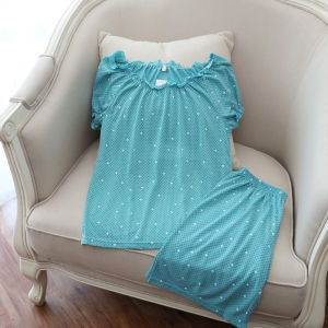 ชุดนอนผู้หญิงแขนสั้นลายจุดบางๆ ระบายอากาศได้ดี ชุดนอนผ้าฝ้ายถักสไตล์ญี่ปุ่นฤดูร้อน ชุดนอนผู้หญิง ชุดนอนผ้าฝ้ายผสม