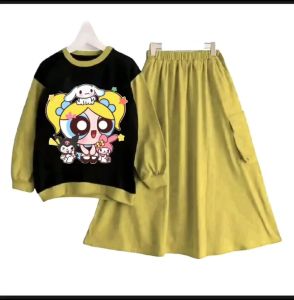 Setelan Rok Anak Perempuan Gambar Power Puff Girl Terbaru Terkini Viral Kekinian Bahan Cringkel Airflow Premium untuk Usia 3-12 Tahun