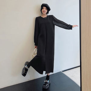 Work dress women long sleeve round neck high waist a line plain black cotton polyester work casual evening dinner dating holiday party designer spring summer fall Korean long dress plus size Galaz