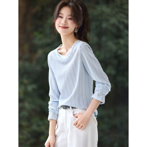 MOHANYIMEI | Shoulder-Fitting Textured Long Sleeve Two-Tone V-Neck Versatile Women T-Shirt
